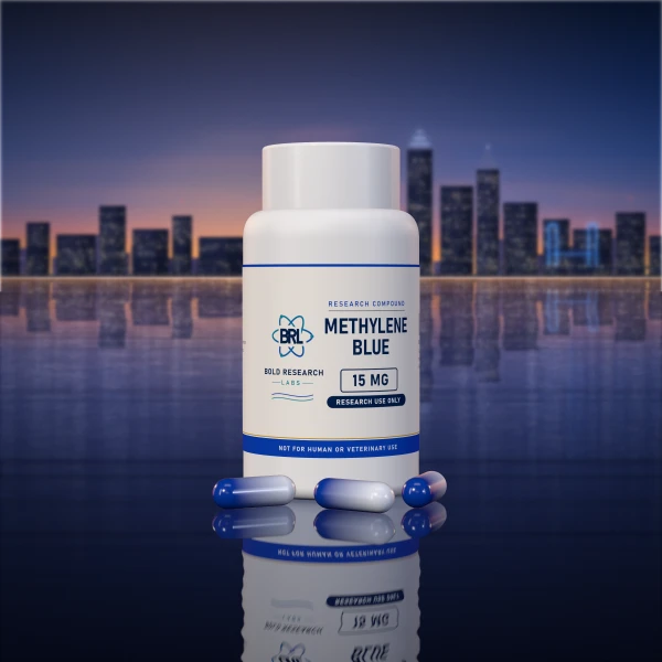 Methylene Blue Capsules 15mg capsule bottle, research compound from Bold Research Labs