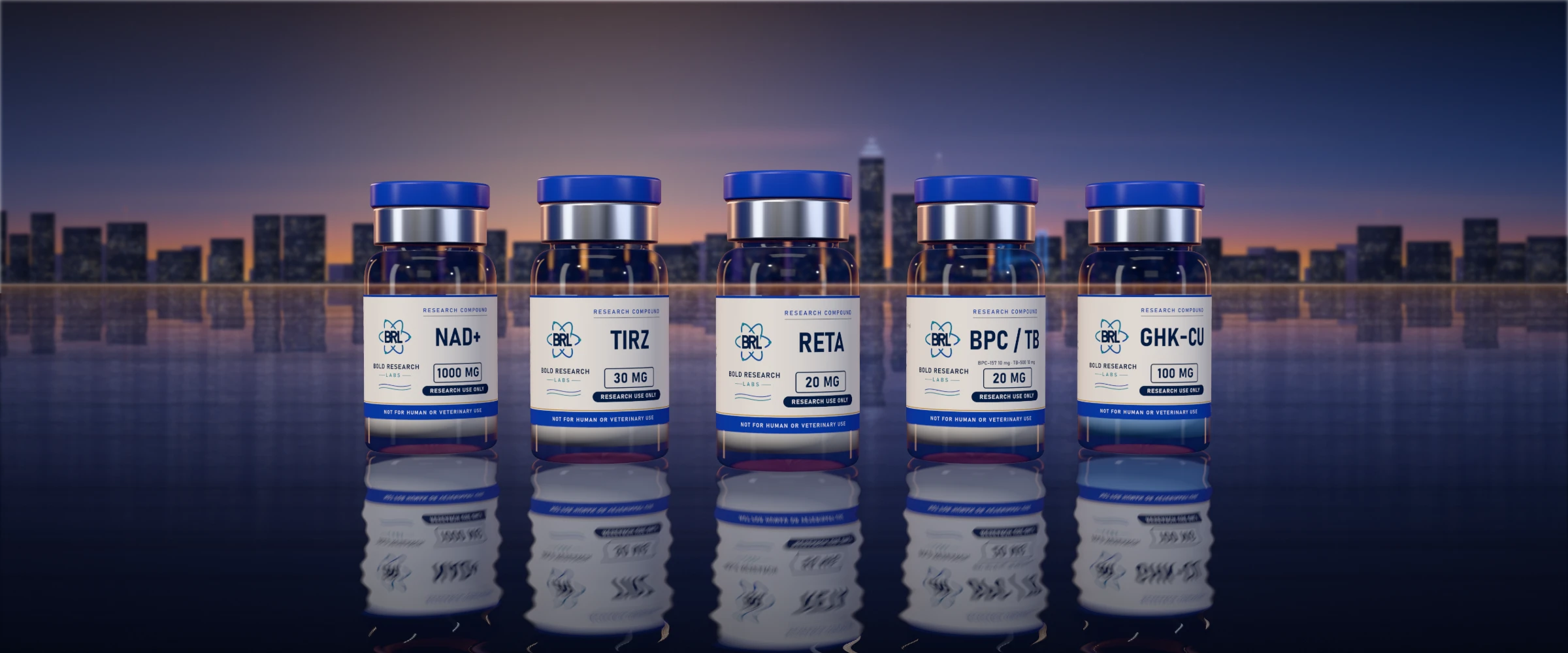 A row of Bold Research Labs vials (NAD+, Tirz, Reta, BPC/TB and GHK-Cu) in front of the Jacksonville skyline at dusk